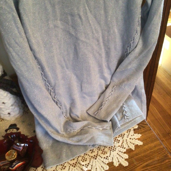 WHBM Light Blue Metallic knit Snap Cowl Neck Sweater lace accent sz xs - Picture 6 of 9
